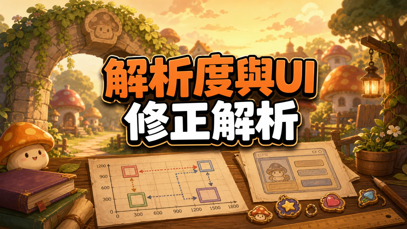 村口石拱門旁的工作桌上攤著座標換算圖表與登入畫面草圖，標題寫著解析度與UI修正解析