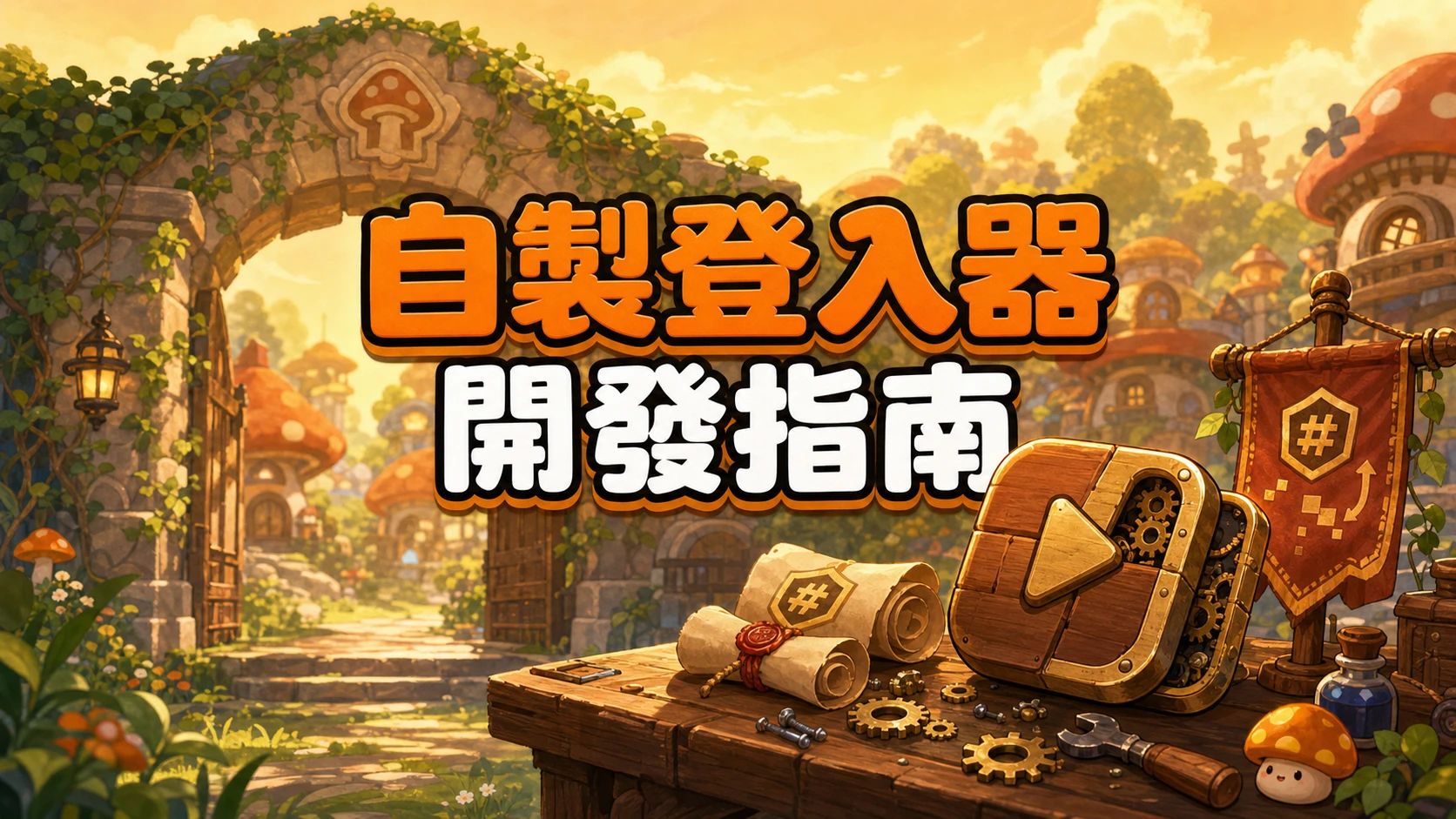 村口石拱門前的工作桌上擺著齒輪play鍵造型的登入器圖示與封蠟卷軸，標題寫著自製登入器開發指南
