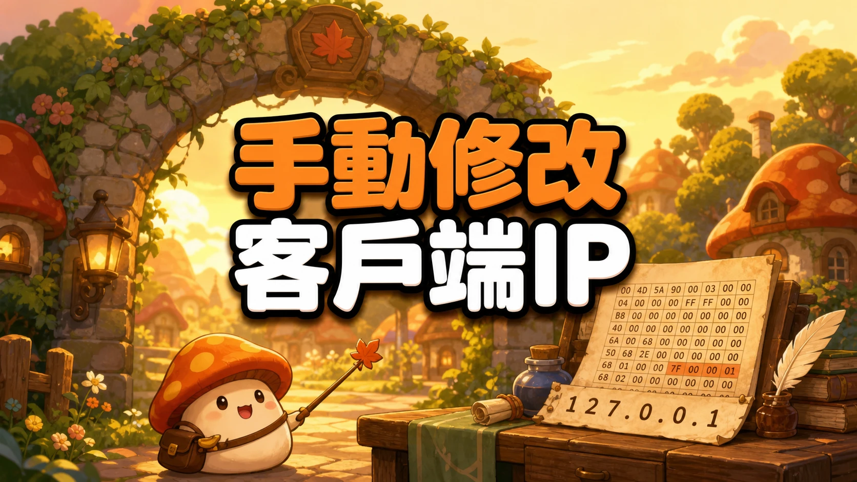 蘑菇小怪站在村口石拱門旁，桌上攤著十六進位數字表格與寫著127.0.0.1的紙卷，標題寫著手動修改客戶端IP教學