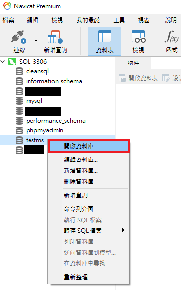 在 testms 資料庫上按右鍵選擇開啟資料庫