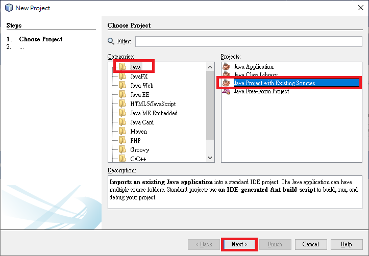 New Project 視窗選擇 Java Project with Existing Sources
