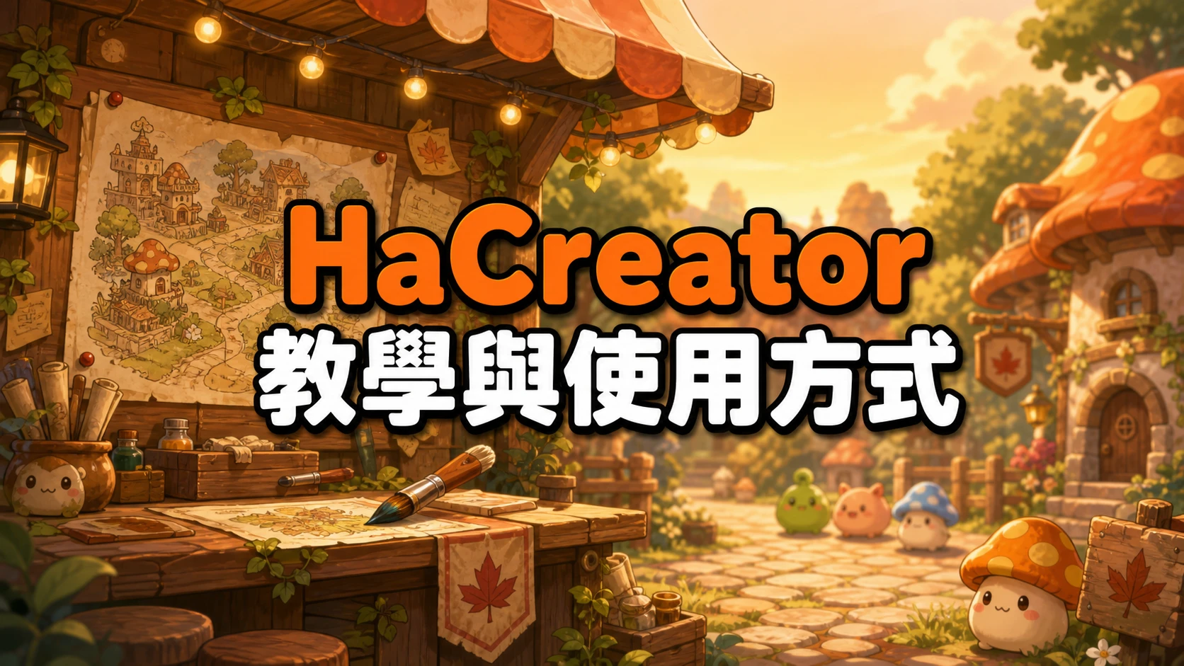 村莊邊緣的木造工作坊小攤,牆上釘著手繪地圖與畫筆,標題寫著HaCreator教學與使用方式