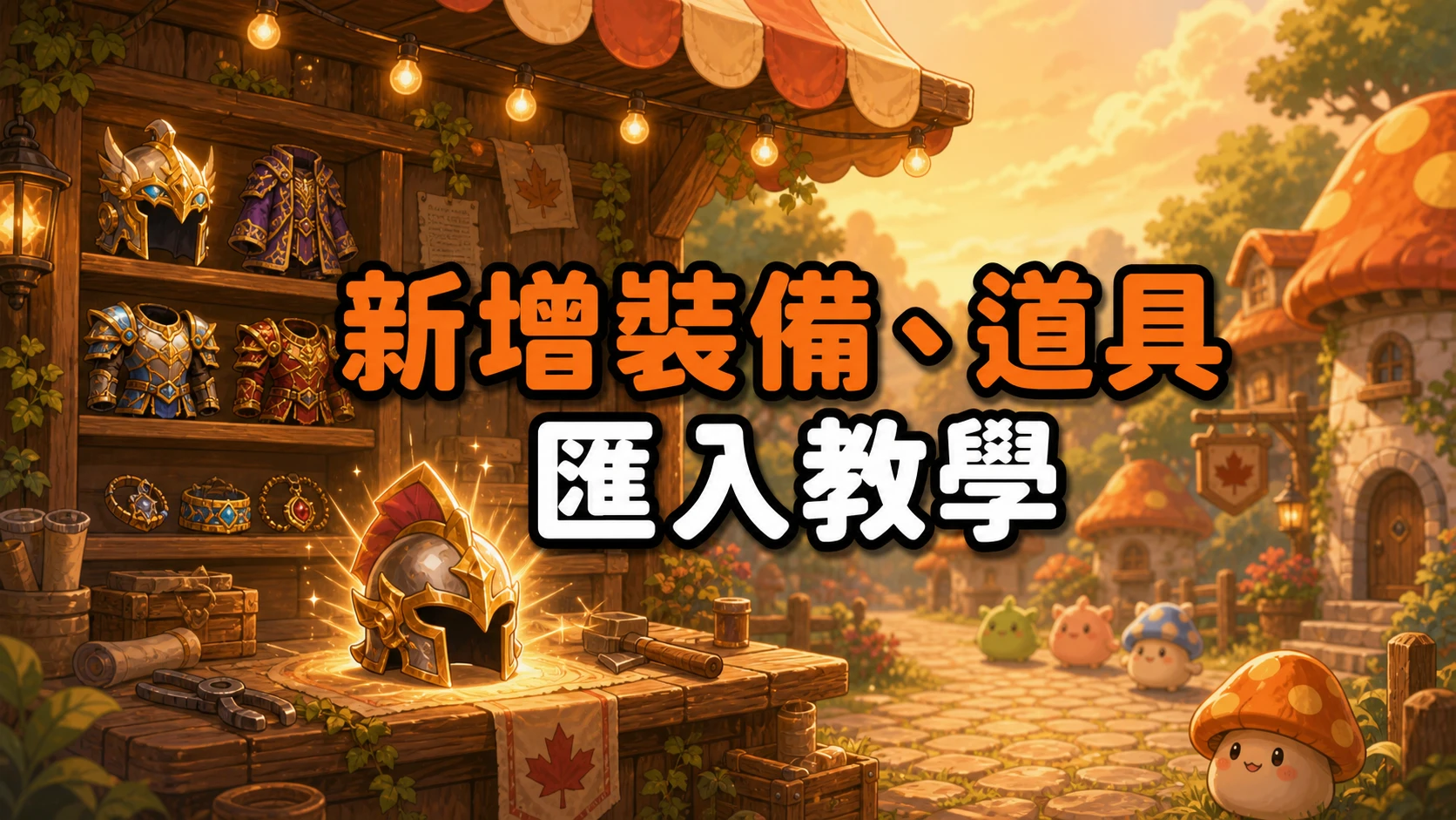工作坊小攤展示架上擺著發亮的新裝備與頭盔，標題寫著新增裝備道具匯入教學