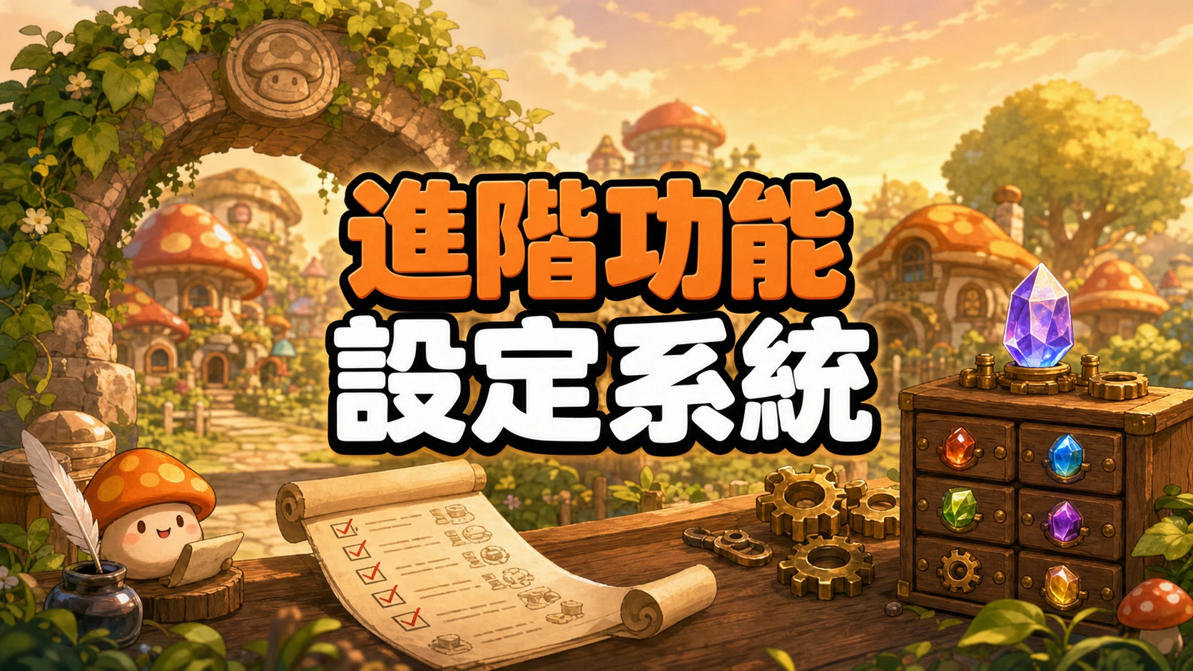 村口石拱門旁的工作桌上攤著打勾核對清單，一旁是鑲著寶石的抽屜櫃，標題寫著進階功能與設定系統解析