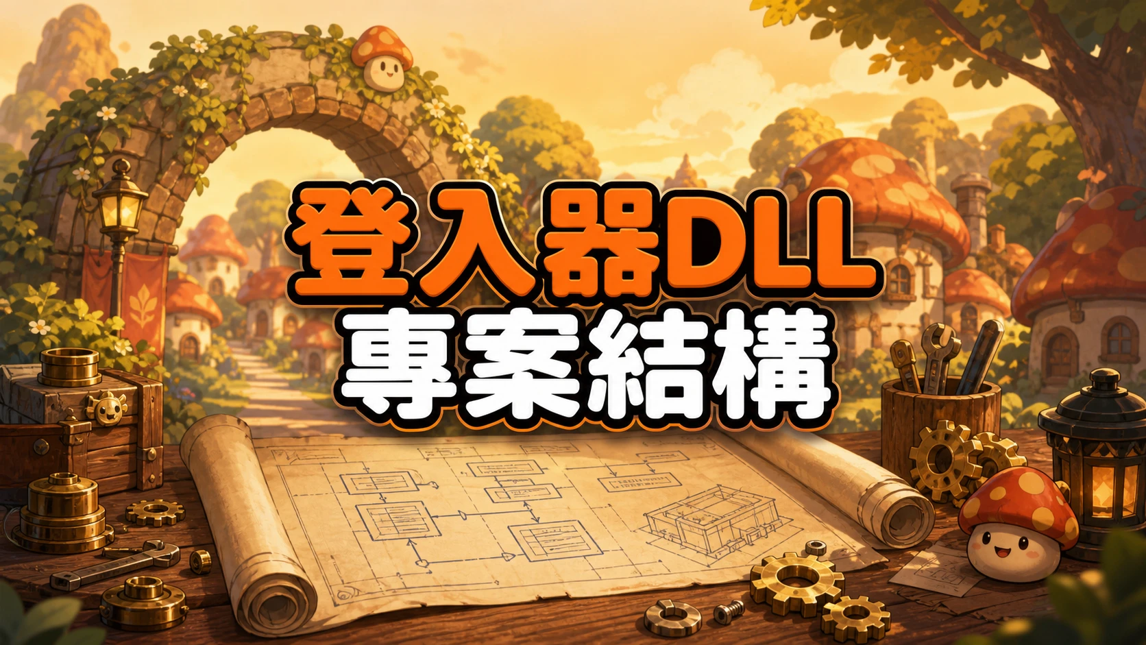 村口石拱門旁的工作桌上攤著建築藍圖捲軸與齒輪零件，標題寫著登入器DLL專案結構解析