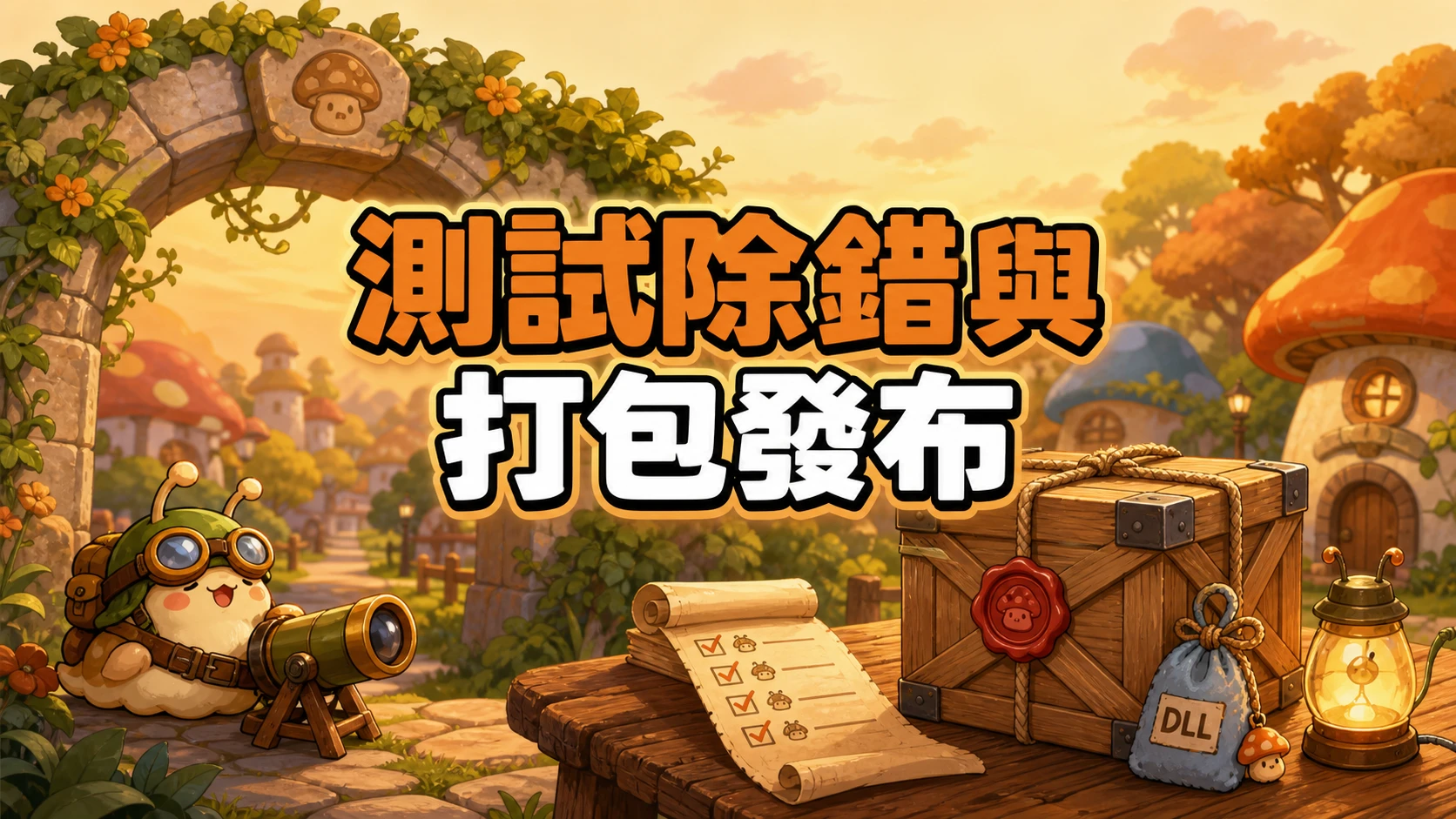 村口石拱門旁一隻戴著飛行帽的蝸牛小怪拿著望遠鏡，桌上放著打包好的木箱與檢查清單，標題寫著測試除錯與打包發布