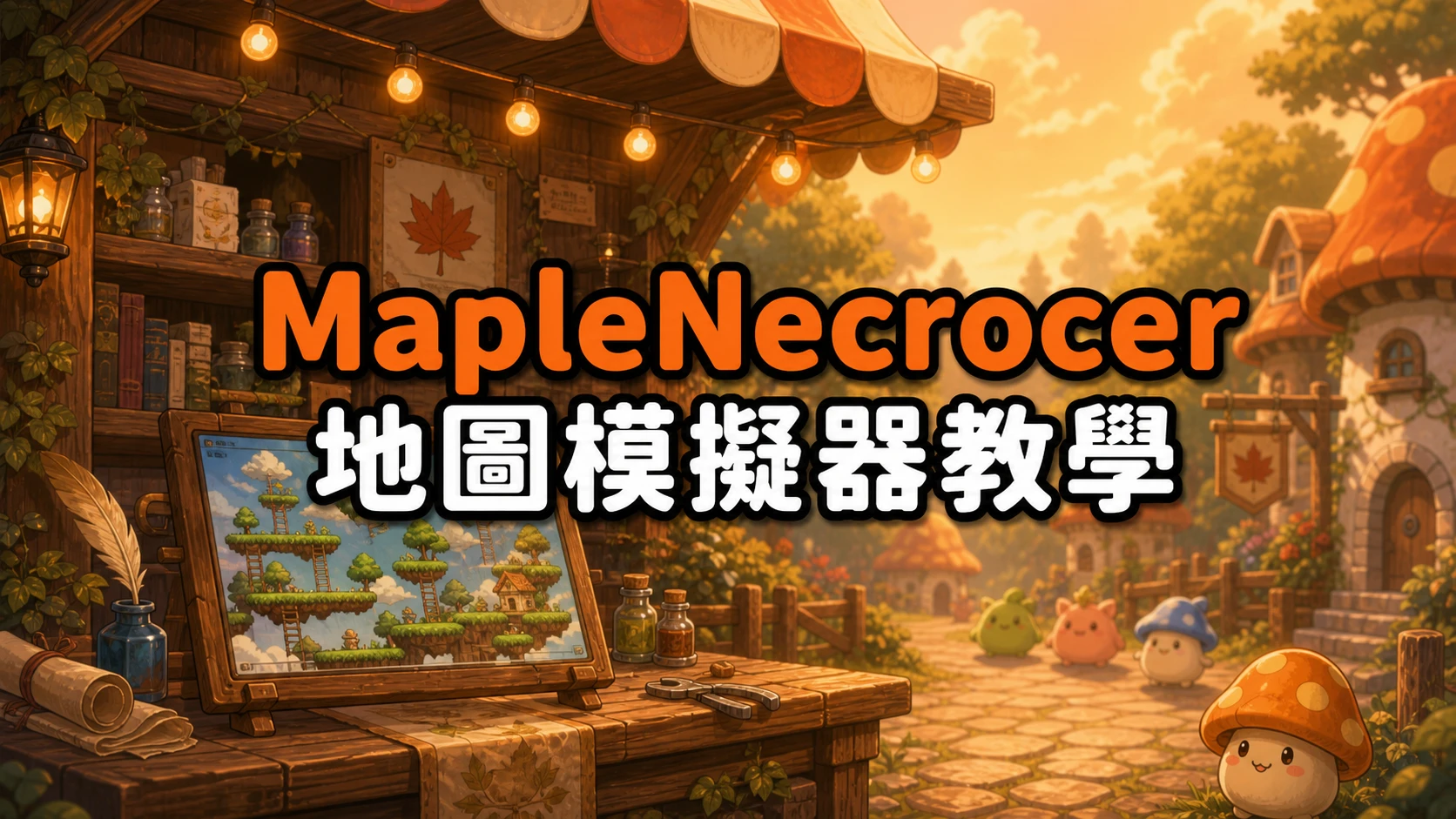 工作坊小攤上立著展示迷你地圖的小畫架，標題寫著MapleNecrocer地圖模擬器教學