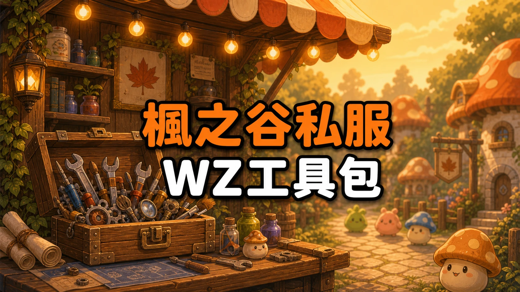 工作坊小攤上放著裝滿各式工具的百寶箱，標題寫著楓之谷私服WZ工具包