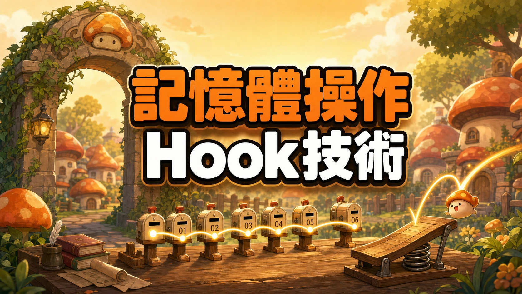 村口石拱門旁排列著一列編號信箱，一旁有木製跳板彈簧裝置，標題寫著記憶體操作與Hook技術入門