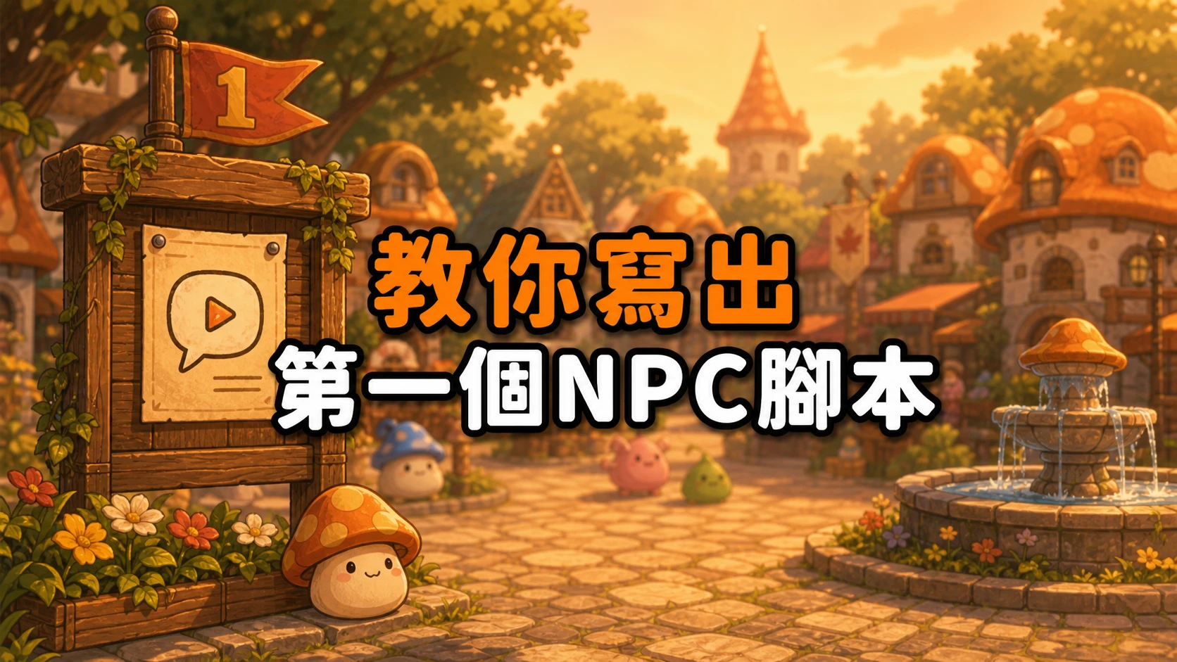 噴水池旁公佈欄釘著含播放符號的對話框告示與數字1小旗,標題寫著教你寫出第一個NPC腳本
