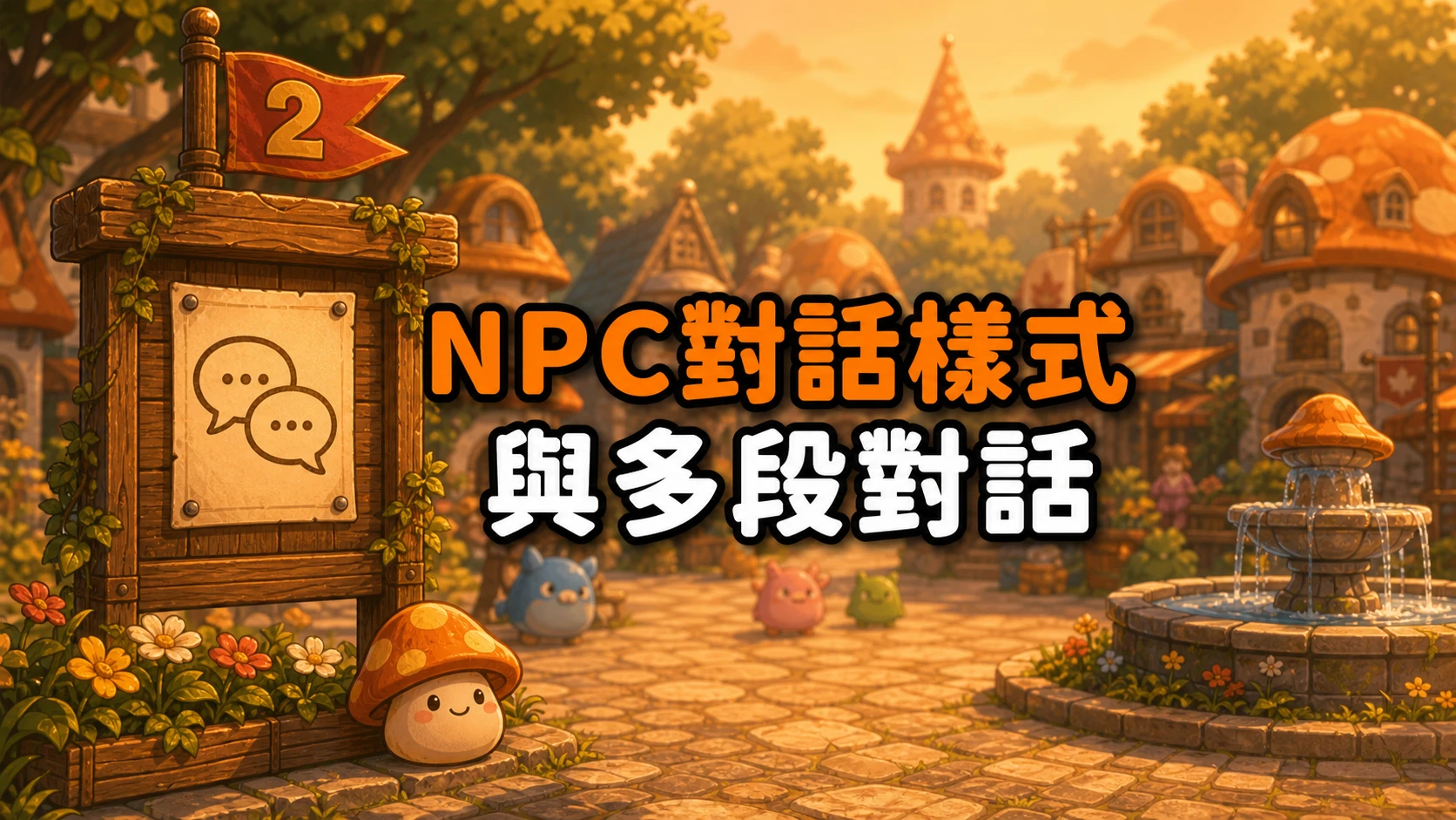 公佈欄告示上有兩個交疊對話框圖案與數字2小旗,標題寫著NPC對話樣式與多段對話