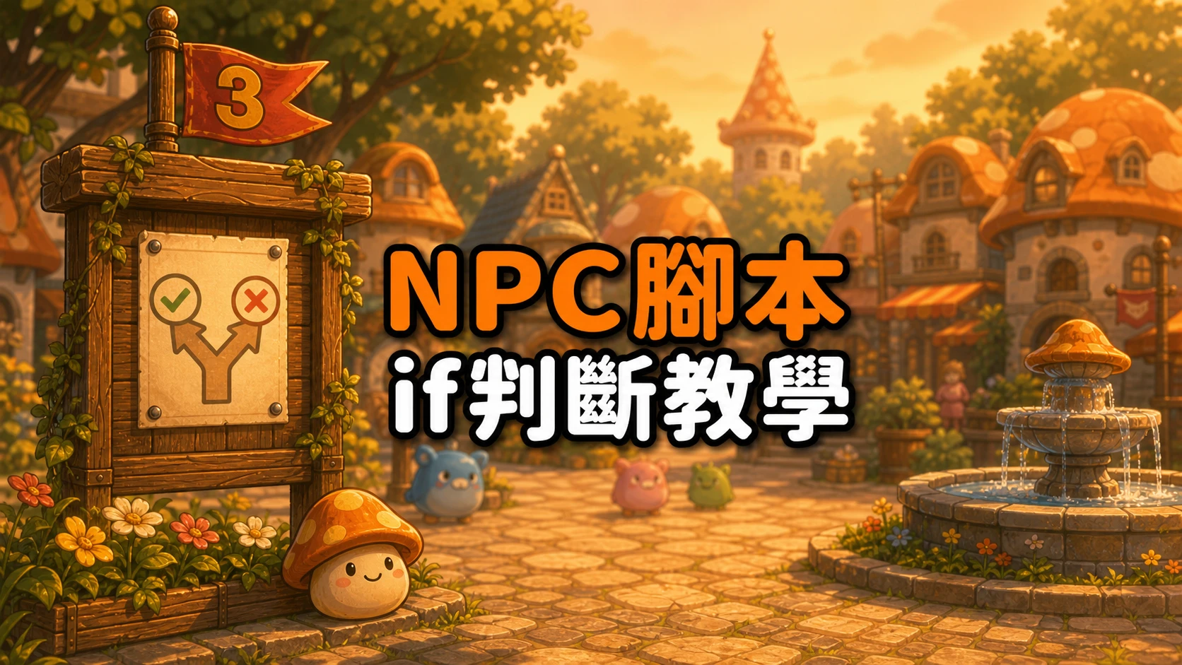 公佈欄告示上有打勾打叉的分岔路徑圖案與數字3小旗,標題寫著NPC腳本if判斷教學