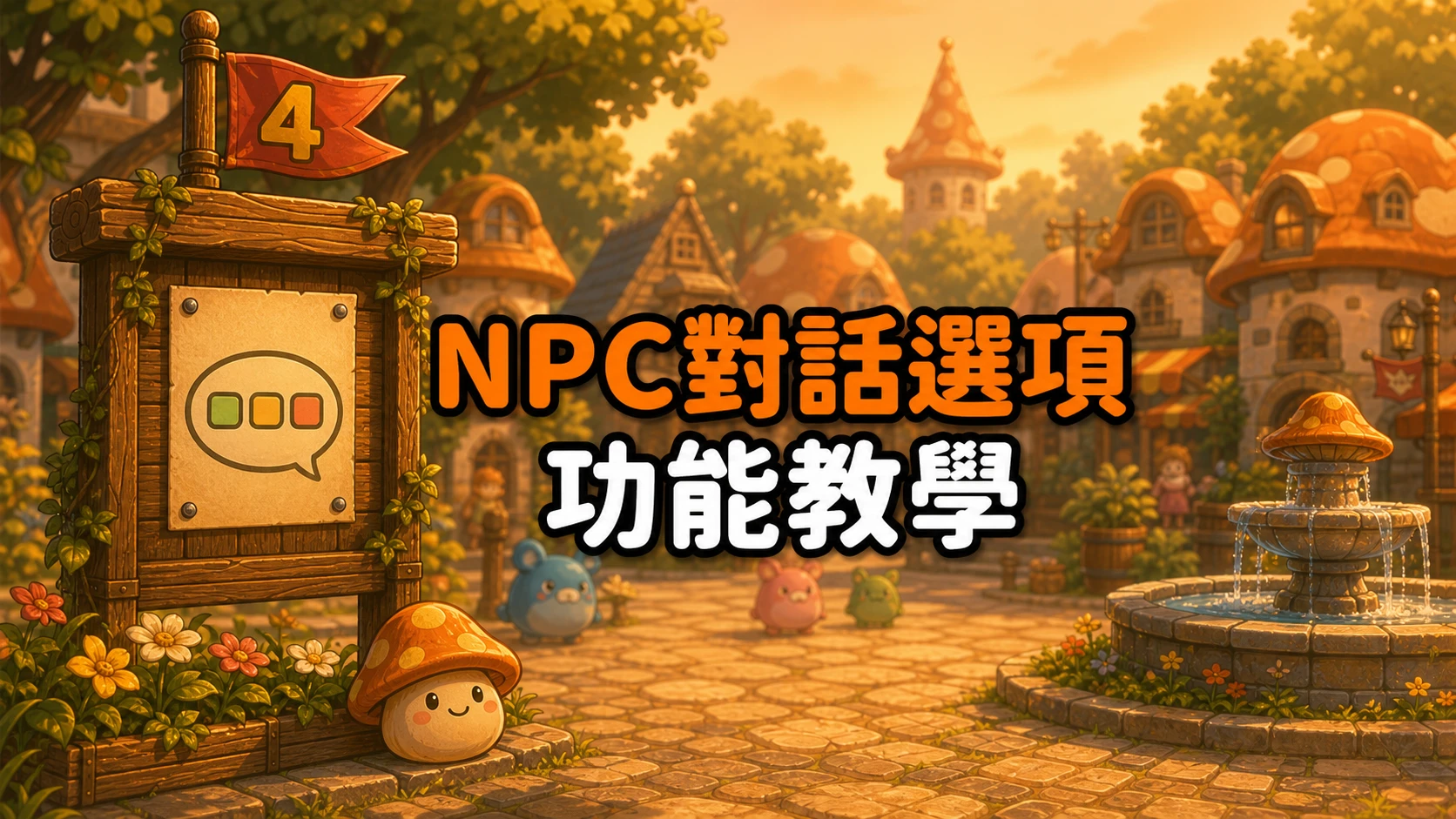 公佈欄告示上有含三個選項按鈕的對話框圖案與數字4小旗，標題寫著NPC對話選項功能教學