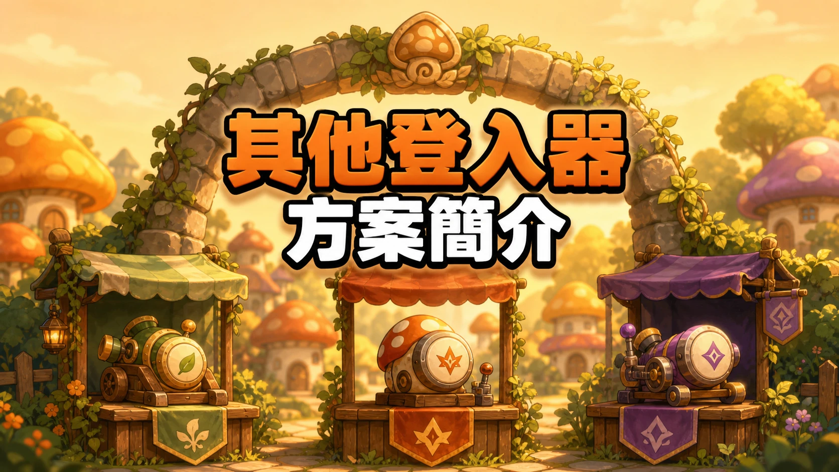 村口石拱門前陳列三個造型與顏色各異的登入器模型攤位，標題寫著其他登入器方案簡介