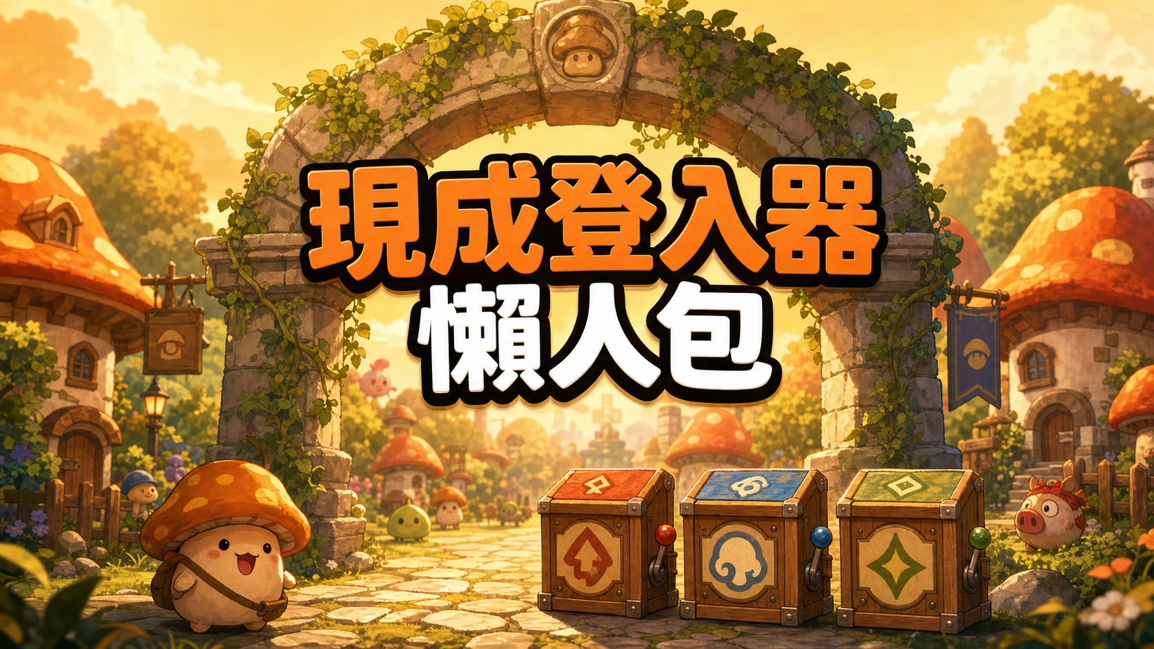 爬滿藤蔓的村口石拱門旁擺著三個刻有不同圖示的木箱，一隻蘑菇小怪站在一旁，標題寫著現成登入器懶人包