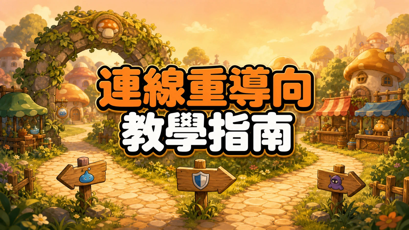村口石拱門前的岔路上立著三個指向不同市集攤位的木牌路標，標題寫著連線重導向教學指南