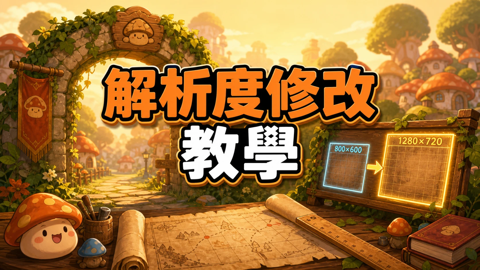 村口石拱門旁立著一塊顯示800x600變成1280x720的對比畫框，桌上攤著地圖捲軸與尺，標題寫著解析度修改教學