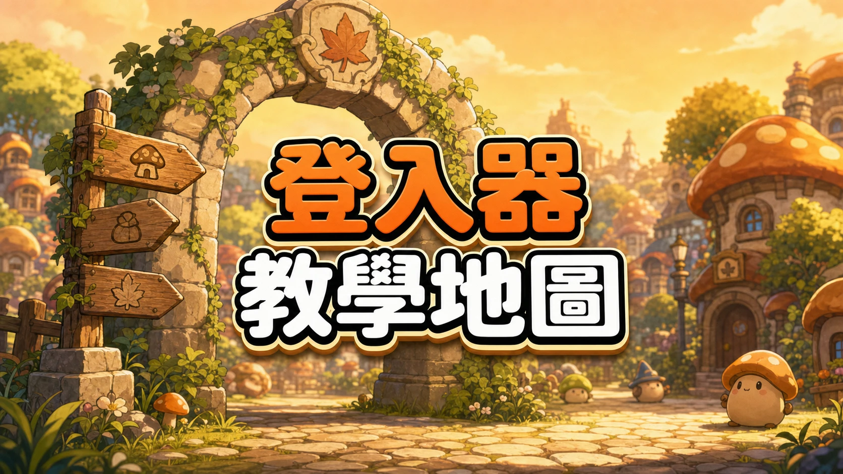 爬滿藤蔓的村口石拱門，一旁立著刻有蘑菇屋、背包、楓葉三個圖示的木牌路標，標題寫著登入器教學地圖