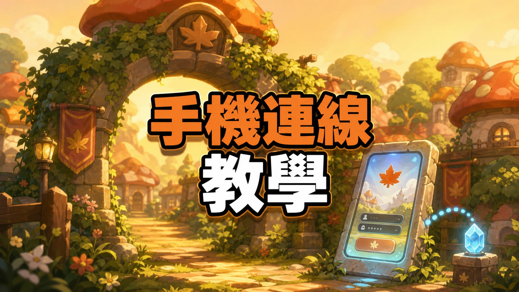 村口石拱門旁立著一台發光的手機造型石碑，畫面顯示楓葉風格登入畫面，標題寫著手機連線教學