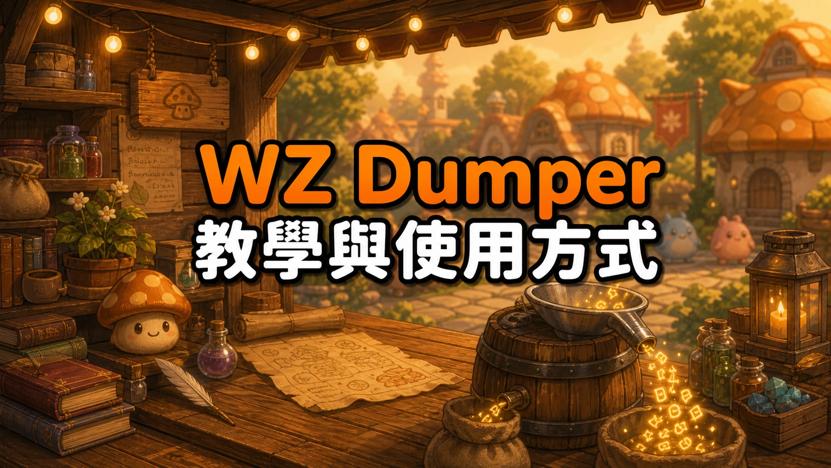 工作坊小攤上木桶與漏斗流出發光符文，標題寫著WZDumper教學與使用方式