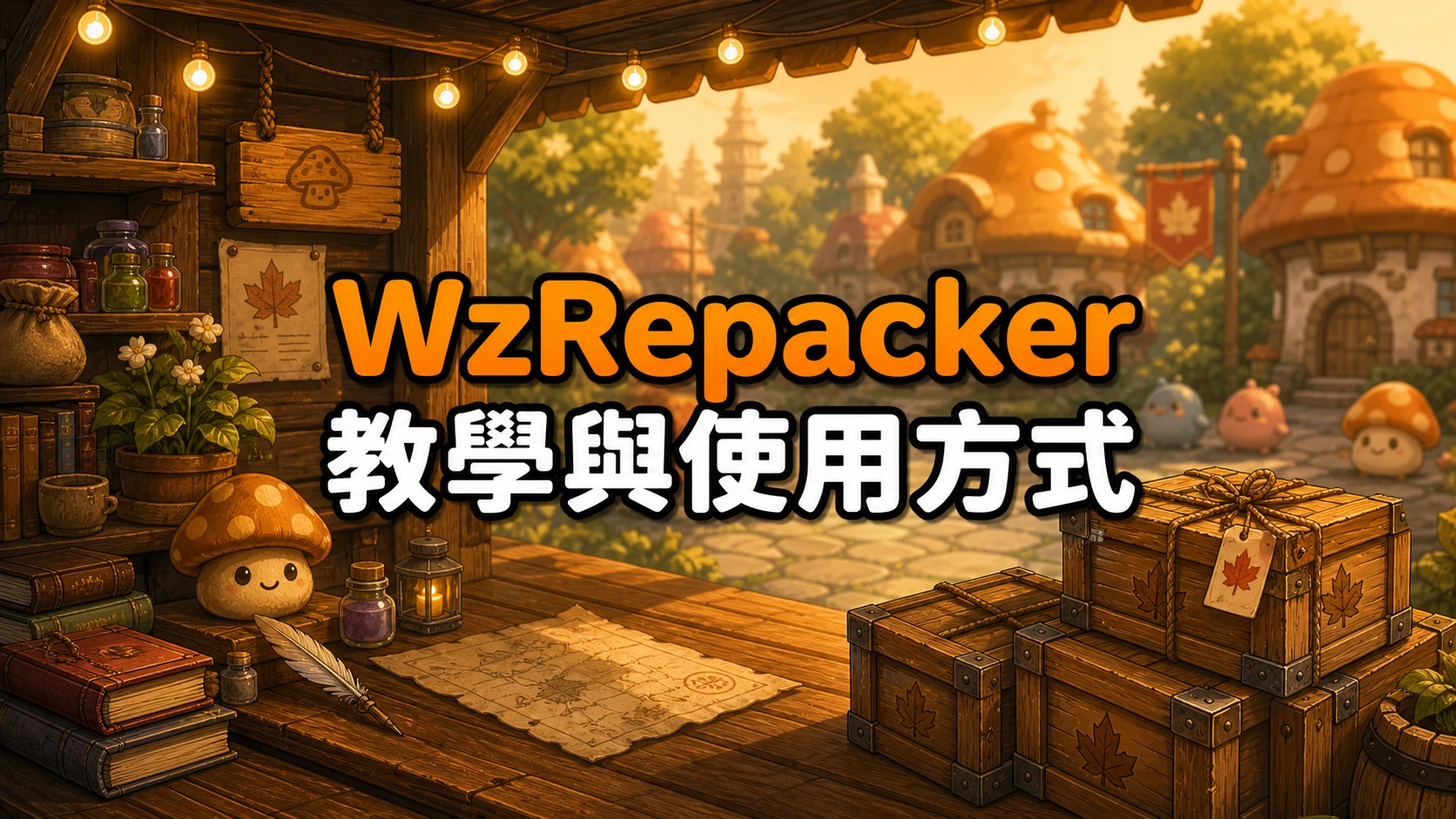 工作坊小攤旁堆著封好的木箱,標題寫著WzRepacker教學與使用方式